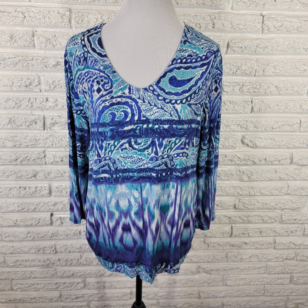 Chico's Women's XL Top Blue White Paisley V-Neck Long Sleeve Stretch Blouse